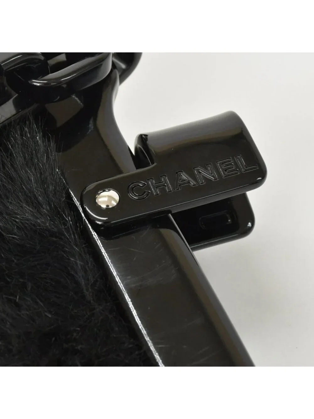 Chanel Plastic Chain Bag CC Logo Goat Fur Leather Black